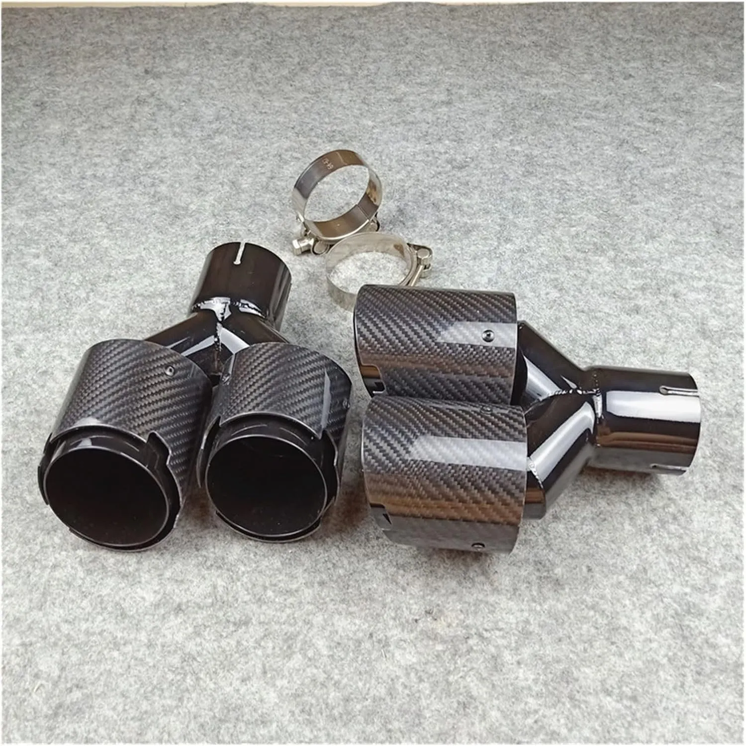 1 Pair Inlet 51mm Glossy Carbon Fiber Y Exhaust Tips Black Stainless Steel Compatible For Akrapovic Carbon Muffler Nozzles Exhaust Tip(IN 60 OUT 114 MM)