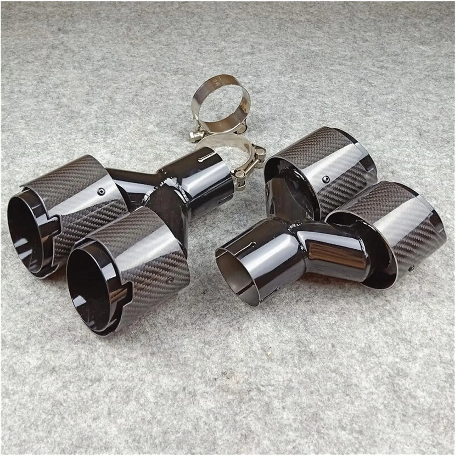 1 Pair Inlet 51mm Glossy Carbon Fiber Y Exhaust Tips Black Stainless Steel Compatible For Akrapovic Carbon Muffler Nozzles Exhaust Tip(IN 60 OUT 114 MM)