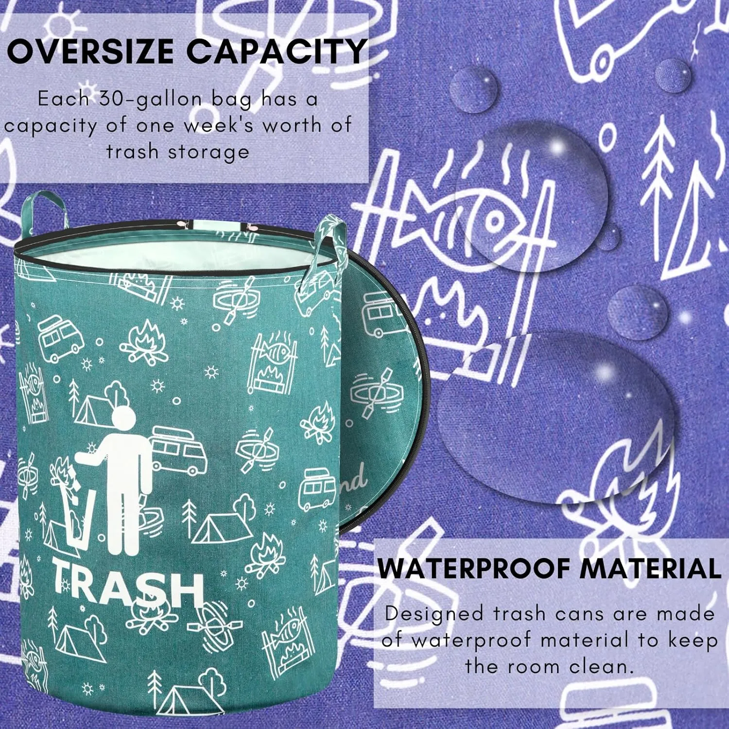 1 Pcs 30 Gallon Collapsible Trash Can Portable Waterproof Reusable with Zippered Lid for RV's, Camping, Recycling, Yard Waste, Leaf Bag, Children Toy Bin (Trash)