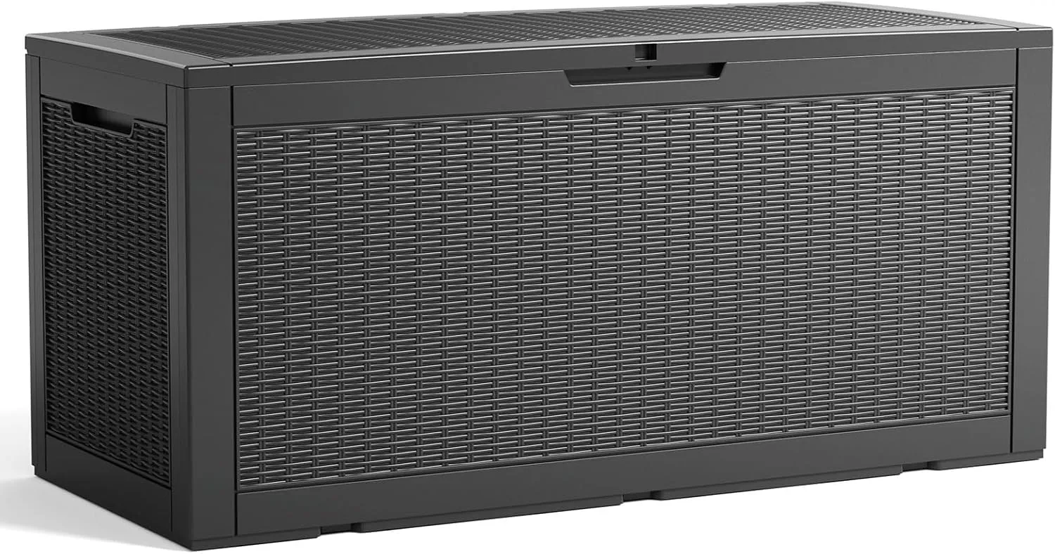 100 Gallon Resin Deck Box, Lockable Patio Outdoor Storage Box for Furniture, Garden Tools and Tools Storage, Waterproof Outside Storage Boxes - Black