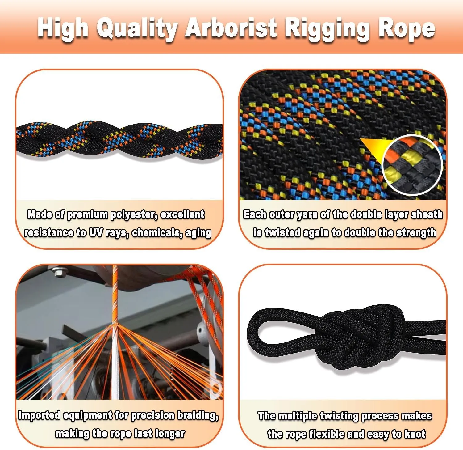 1/2 inch 100 ft Double Braided Polyester Rope 48 Strands 1/2inch Arborist Rope Climbing for Tree Work Pulling Swing Sailing, Black/Blue
