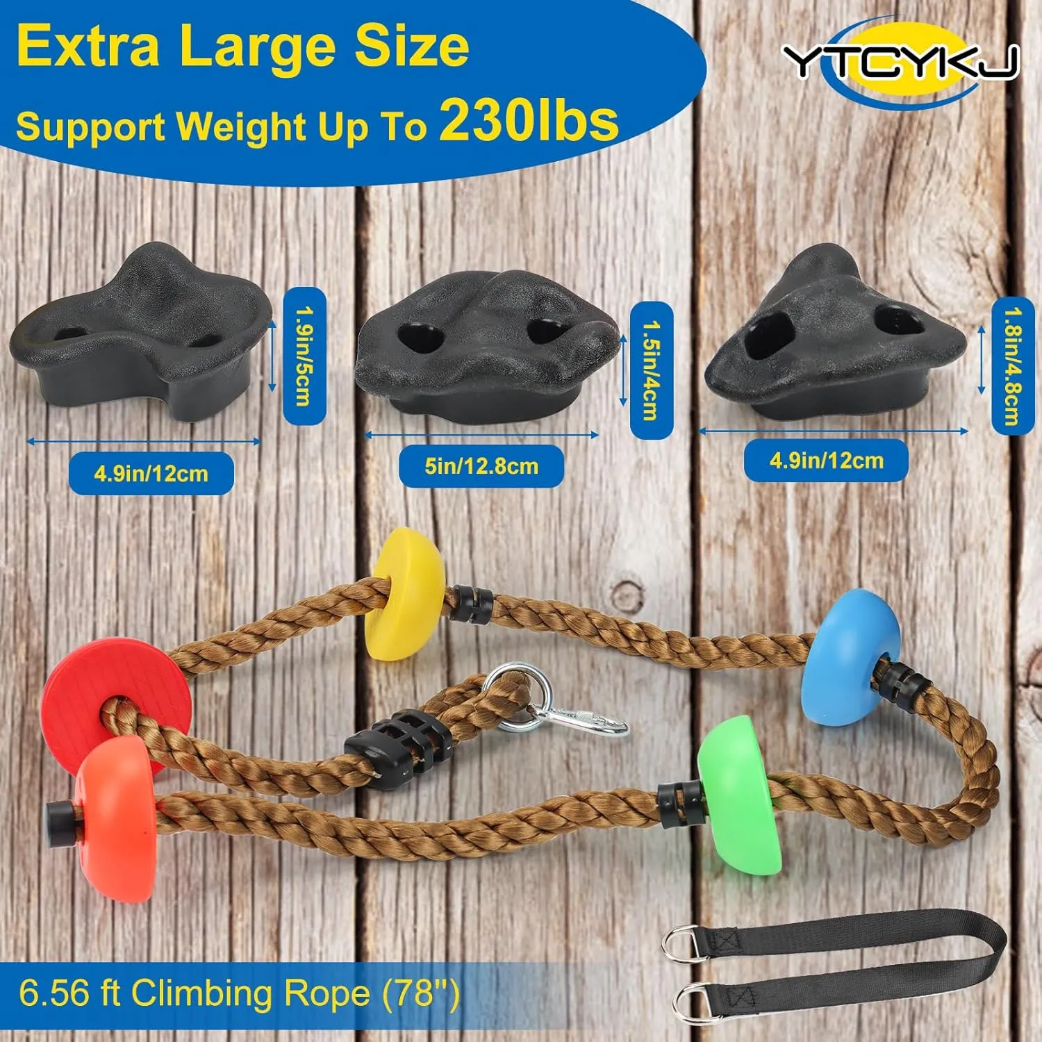 12 Rock Climbing Holds for Kids Climber,6.56FT Climbing Rope Swing and 6 Sturdy Ratchets Straps for Kids Tree Climbing,Tree Climbing Kits for Outdoor Obstacle Training,Black