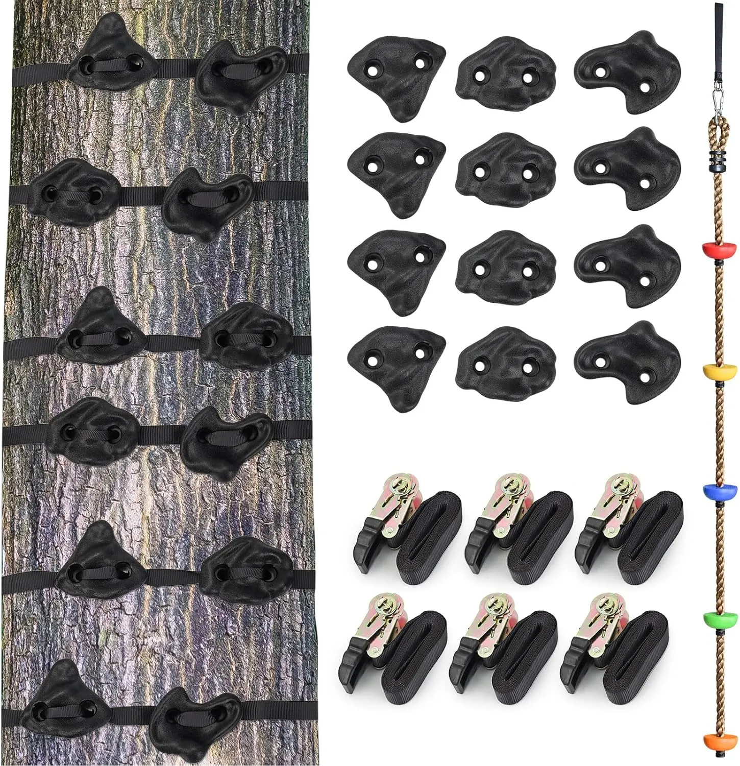 12 Rock Climbing Holds for Kids Climber,6.56FT Climbing Rope Swing and 6 Sturdy Ratchets Straps for Kids Tree Climbing,Tree Climbing Kits for Outdoor Obstacle Training,Black