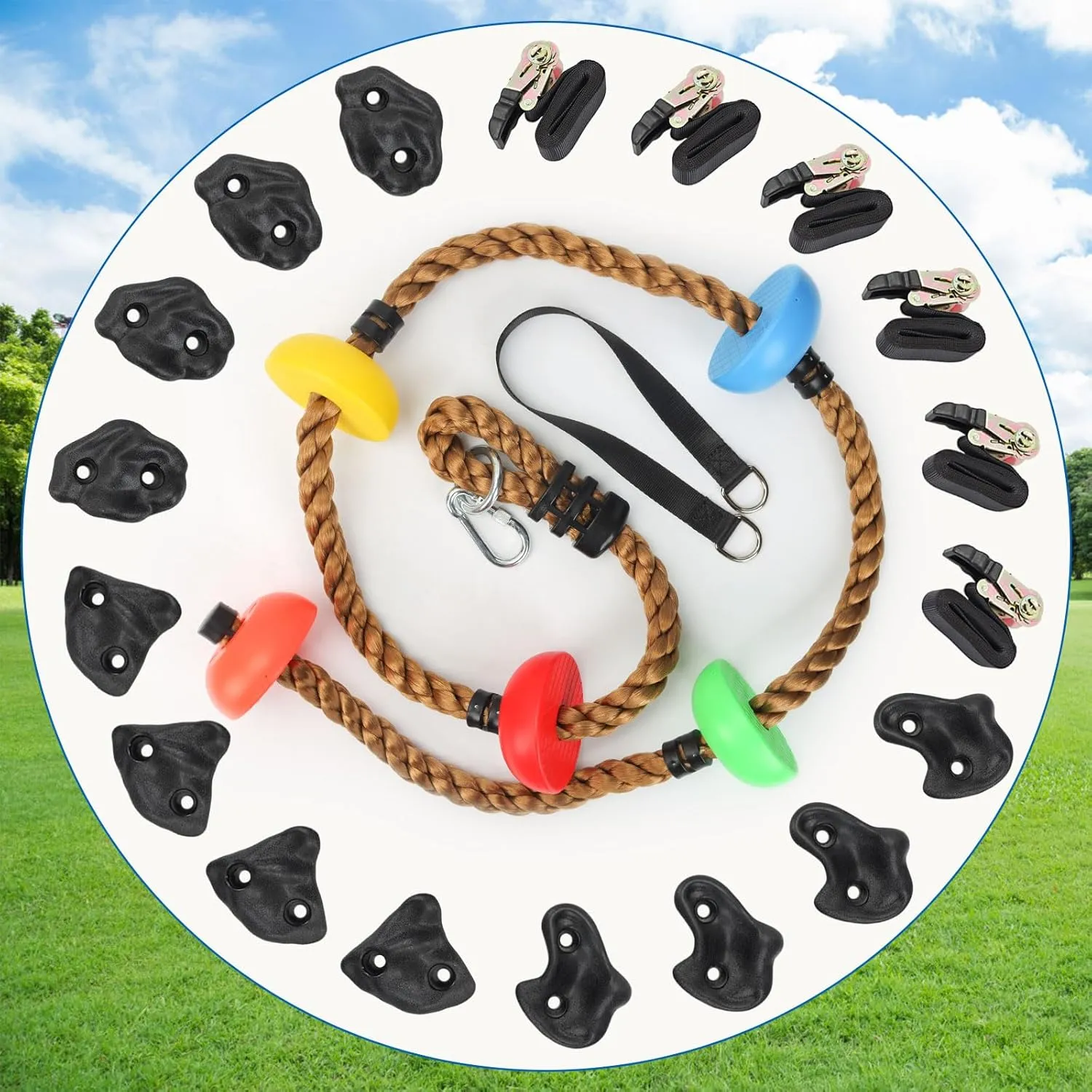 12 Rock Climbing Holds for Kids Climber,6.56FT Climbing Rope Swing and 6 Sturdy Ratchets Straps for Kids Tree Climbing,Tree Climbing Kits for Outdoor Obstacle Training,Black