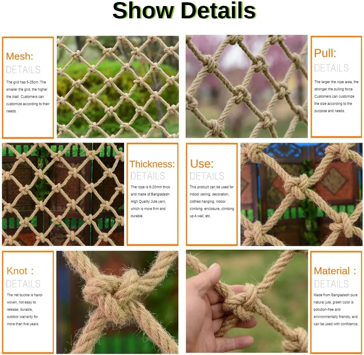 12mm Safety Netting for Playground Fence and Balcony - Child/Pet Fall Protection Mesh with Reinforced Jute Rope, Stair Banister Guard and Trellis Grid System
