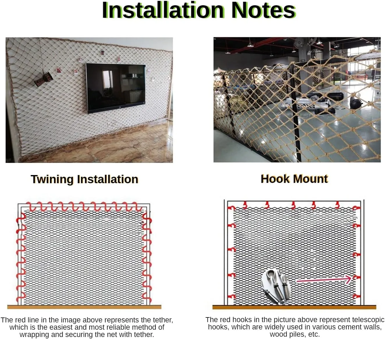 12mm Safety Netting for Playground Fence and Balcony - Child/Pet Fall Protection Mesh with Reinforced Jute Rope, Stair Banister Guard and Trellis Grid System