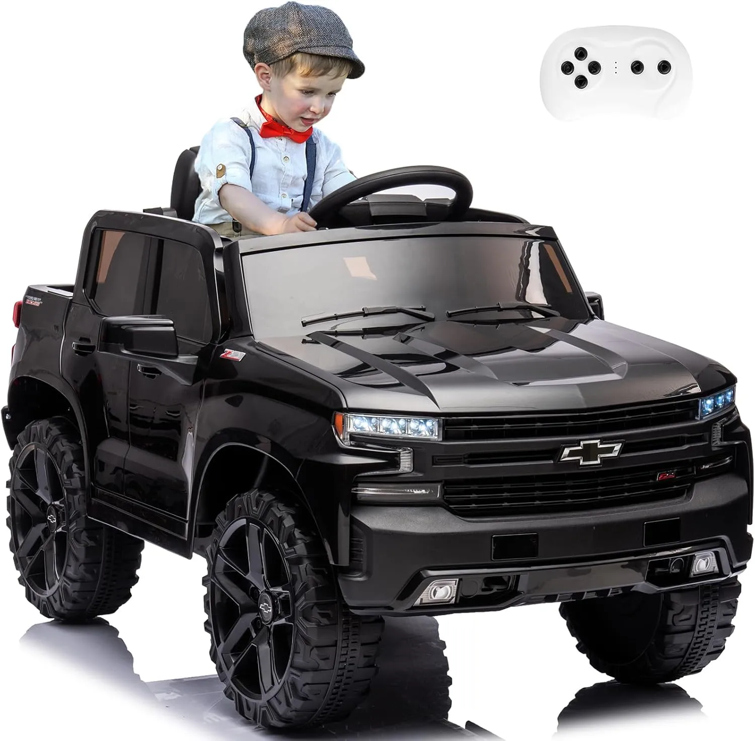 12V Kids Ride On Track Car Electric Vehicle Battery Power 4 Wheels Car with Parent Remote Control Chevy Chevrolet Silverado Pickup Toy Toddler Cars for Baby Drive Age 1-8 Year Girl Boy (Black)