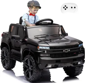 12V Kids Ride On Track Car Electric Vehicle Battery Power 4 Wheels Car with Parent Remote Control Chevy Chevrolet Silverado Pickup Toy Toddler Cars for Baby Drive Age 1-8 Year Girl Boy (Black)