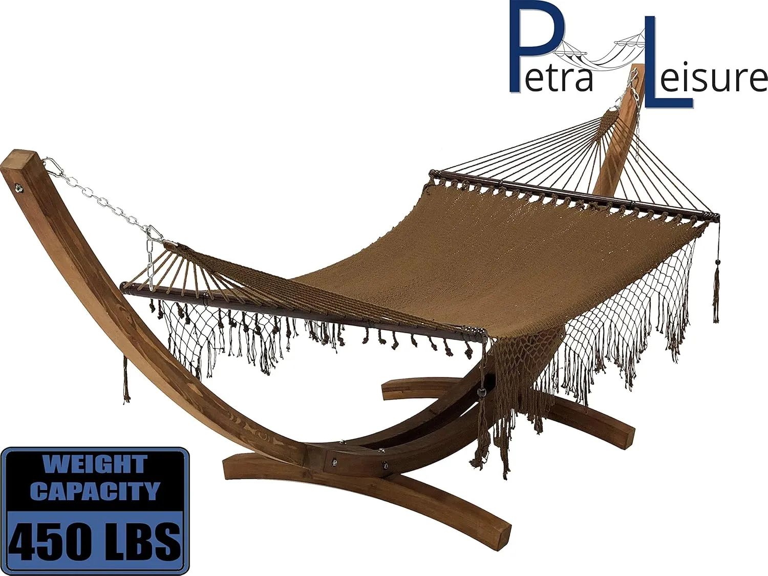 14 Ft. Wooden Arc Hammock Stand   Deluxe Hand Woven Bohemian Chic Rope Hammock Bed. 2 Person Bed. 450 LB Capacity(Teak Stain/Brown)