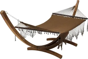 14 Ft. Wooden Arc Hammock Stand   Deluxe Hand Woven Bohemian Chic Rope Hammock Bed. 2 Person Bed. 450 LB Capacity(Teak Stain/Brown)