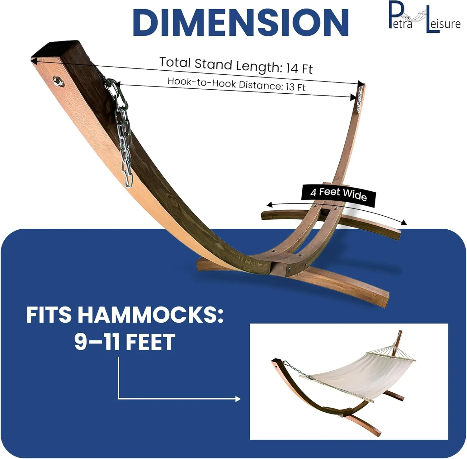 14 Ft. Wooden Arc Hammock Stand   Deluxe Hand Woven Bohemian Chic Rope Hammock Bed. 2 Person Bed. 450 LB Capacity(Teak Stain/Brown)