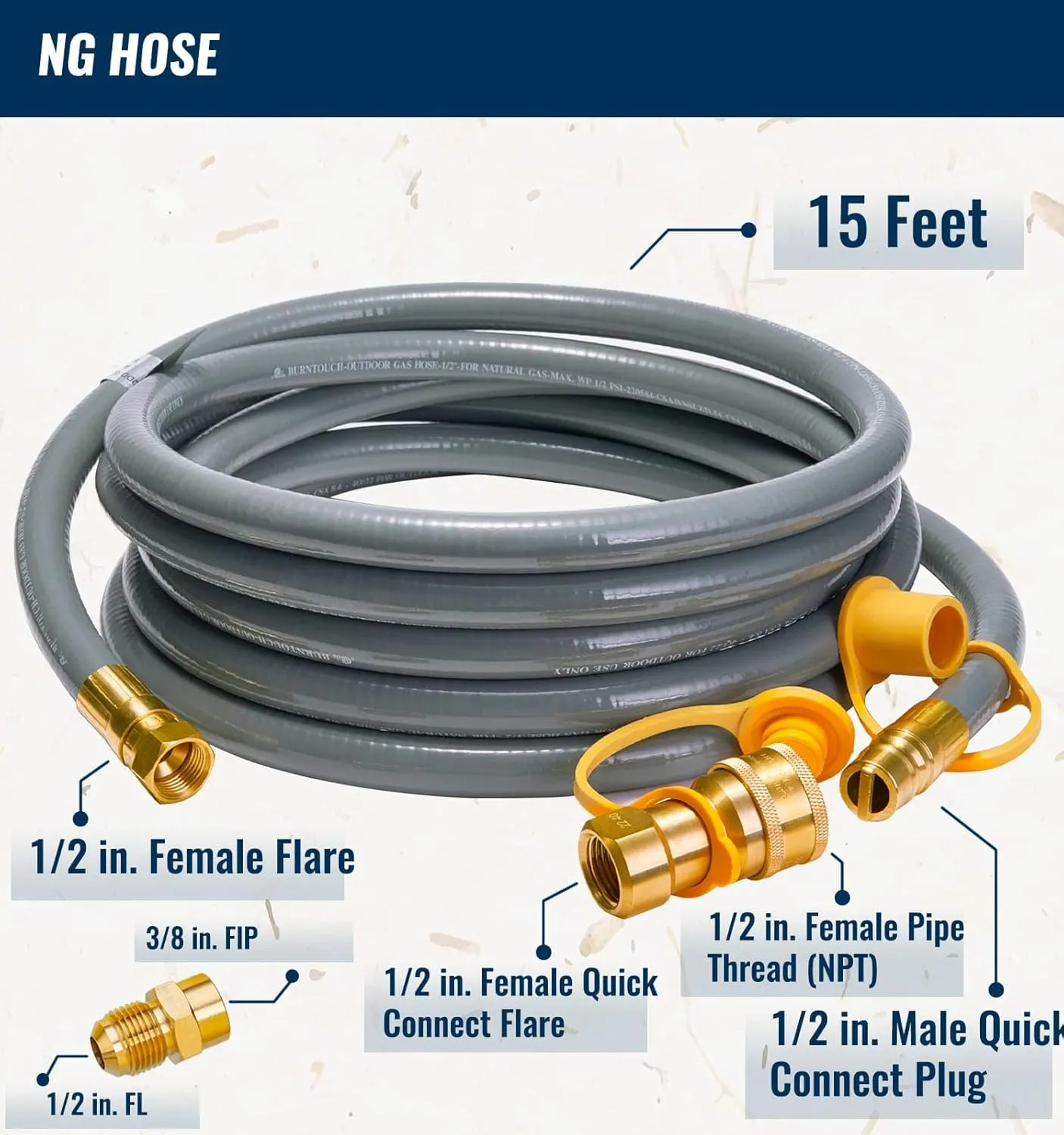 15 Feet 1/2 inch ID Natural Gas Grill Hose with Quick Connect Fittings, Natural Gas Line for Grill, Pizza Oven, Heater and More Low Pressure Appliance