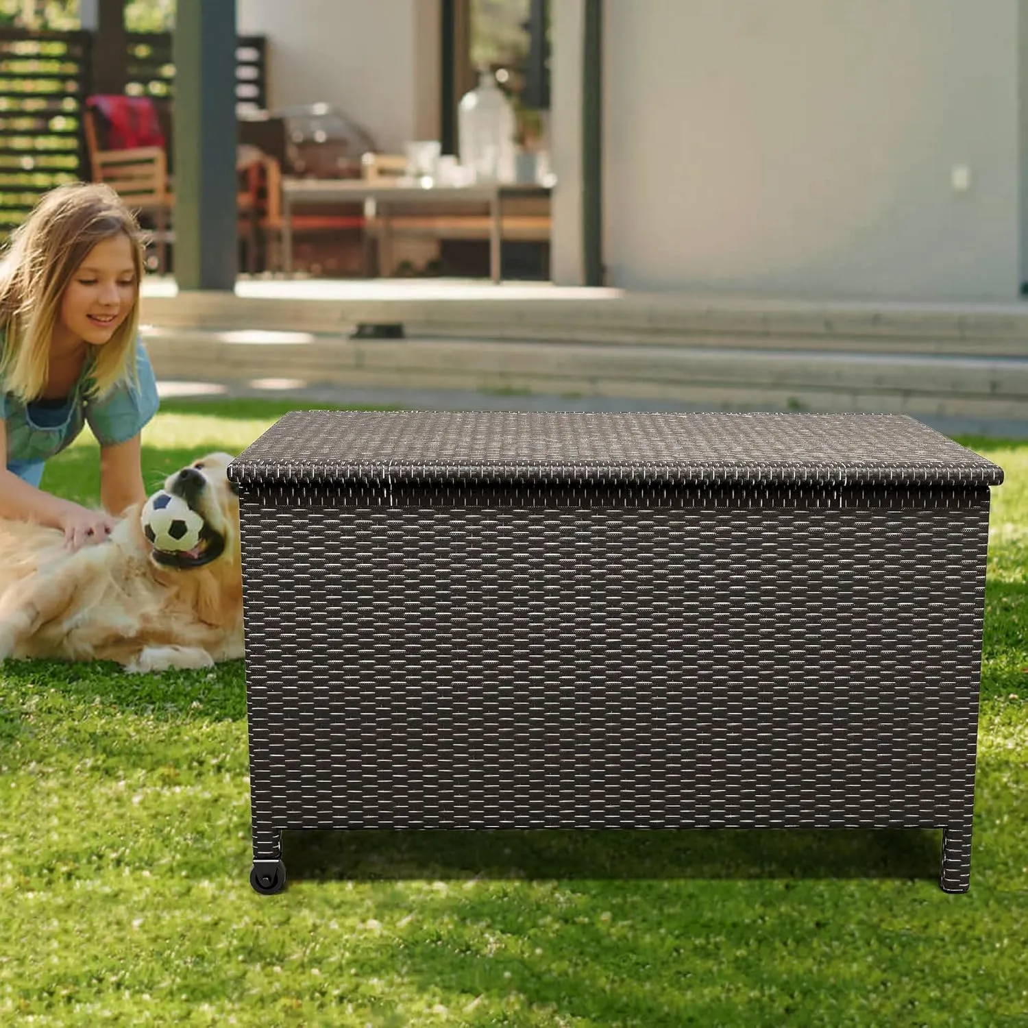 150 Gallon Outdoor Wicker Storage Box,Waterproof Deck Box with Wheels and Pneumatic Rod,Portable Storage Chest Organization for Indoor& Outside, Garden Tools,Cushions,Pillows and Pool Supplies,Brown