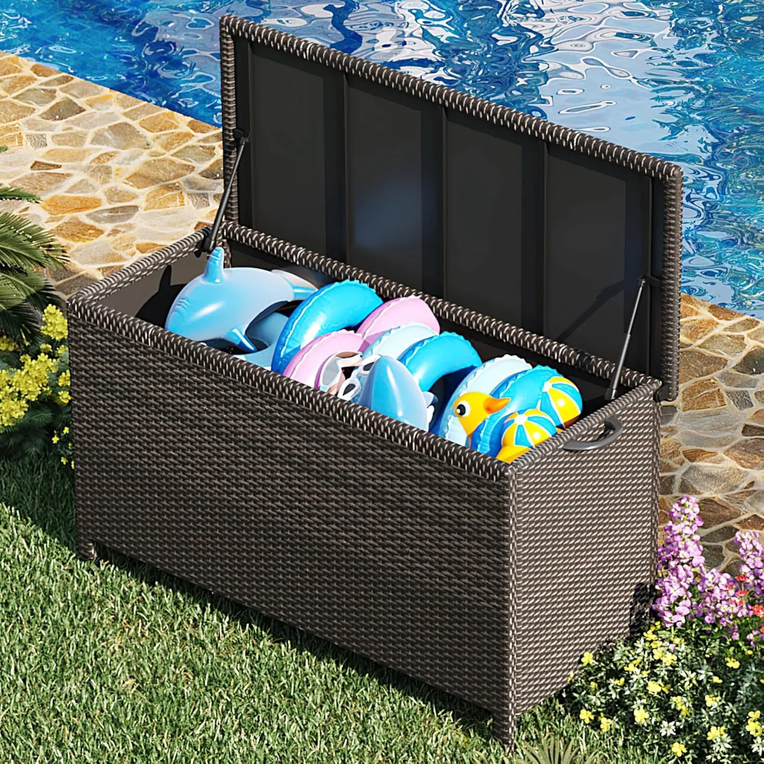 150 Gallon Outdoor Wicker Storage Box,Waterproof Deck Box with Wheels and Pneumatic Rod,Portable Storage Chest Organization for Indoor& Outside, Garden Tools,Cushions,Pillows and Pool Supplies,Brown
