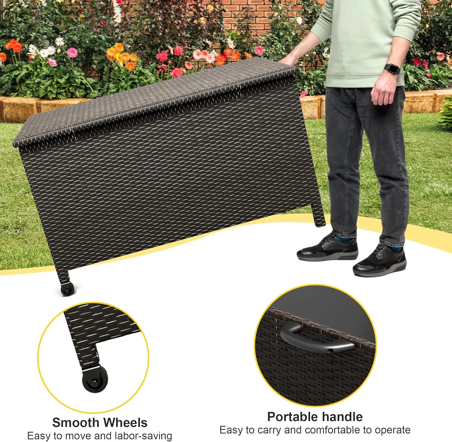 150 Gallon Outdoor Wicker Storage Box,Waterproof Deck Box with Wheels and Pneumatic Rod,Portable Storage Chest Organization for Indoor& Outside, Garden Tools,Cushions,Pillows and Pool Supplies,Brown