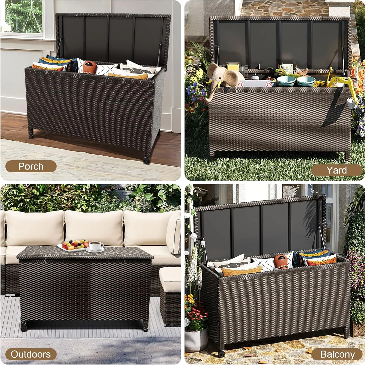 150 Gallon Outdoor Wicker Storage Box,Waterproof Deck Box with Wheels and Pneumatic Rod,Portable Storage Chest Organization for Indoor& Outside, Garden Tools,Cushions,Pillows and Pool Supplies,Brown