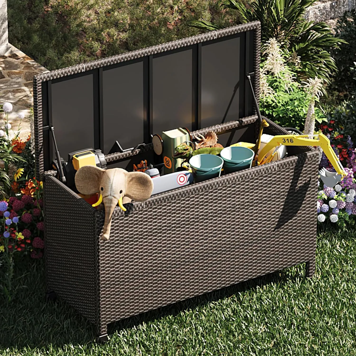 150 Gallon Outdoor Wicker Storage Box,Waterproof Deck Box with Wheels and Pneumatic Rod,Portable Storage Chest Organization for Indoor& Outside, Garden Tools,Cushions,Pillows and Pool Supplies,Brown