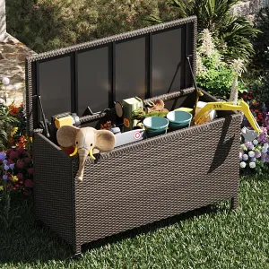 150 Gallon Outdoor Wicker Storage Box,Waterproof Deck Box with Wheels and Pneumatic Rod,Portable Storage Chest Organization for Indoor& Outside, Garden Tools,Cushions,Pillows and Pool Supplies,Brown