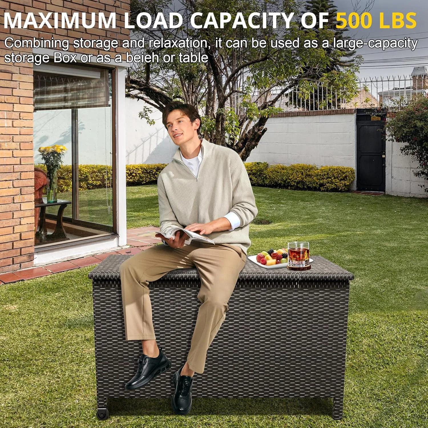 150 Gallon Outdoor Wicker Storage Box,Waterproof Deck Box with Wheels and Pneumatic Rod,Portable Storage Chest Organization for Indoor& Outside, Garden Tools,Cushions,Pillows and Pool Supplies,Brown