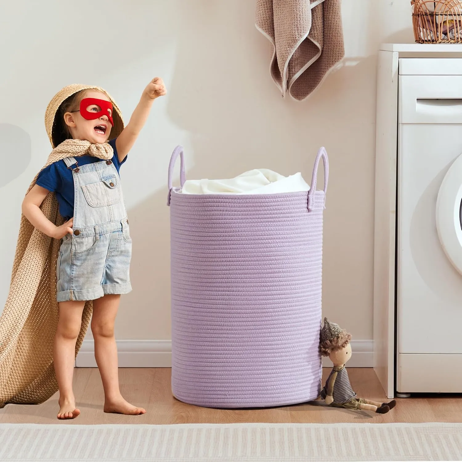 15Dx20H inches Large Purple Hamper Laundry Basket for Nursery Kids Tall Lavender Blanket Basket for Girls Cotton Rope Lilac Clothes Hamper in Bedroom 60L Capacity