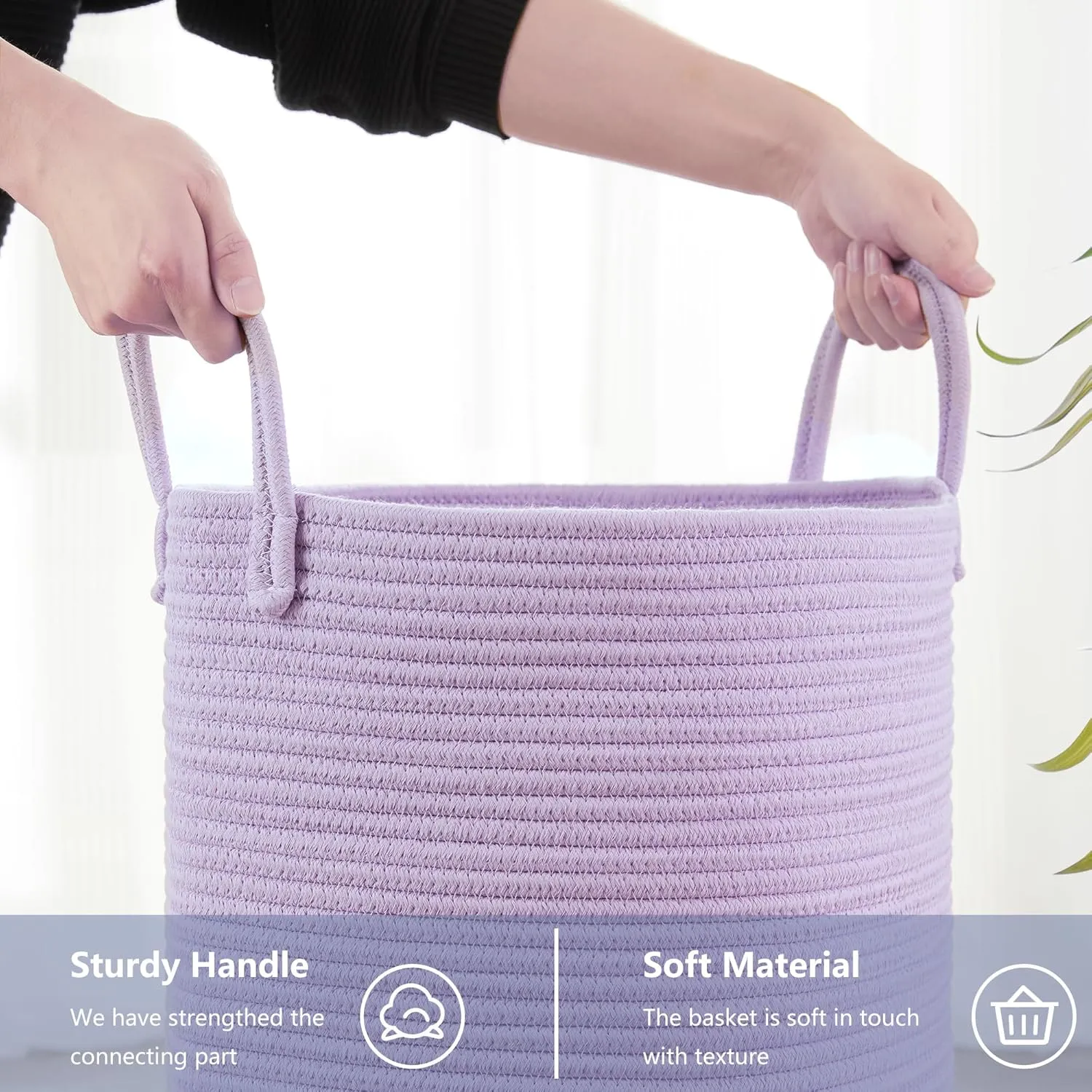 15Dx20H inches Large Purple Hamper Laundry Basket for Nursery Kids Tall Lavender Blanket Basket for Girls Cotton Rope Lilac Clothes Hamper in Bedroom 60L Capacity