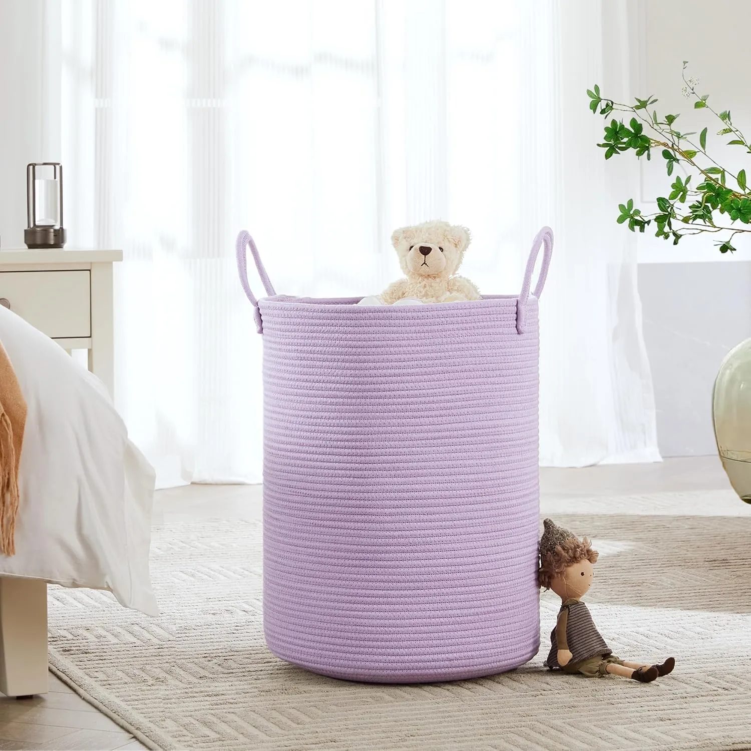 15Dx20H inches Large Purple Hamper Laundry Basket for Nursery Kids Tall Lavender Blanket Basket for Girls Cotton Rope Lilac Clothes Hamper in Bedroom 60L Capacity