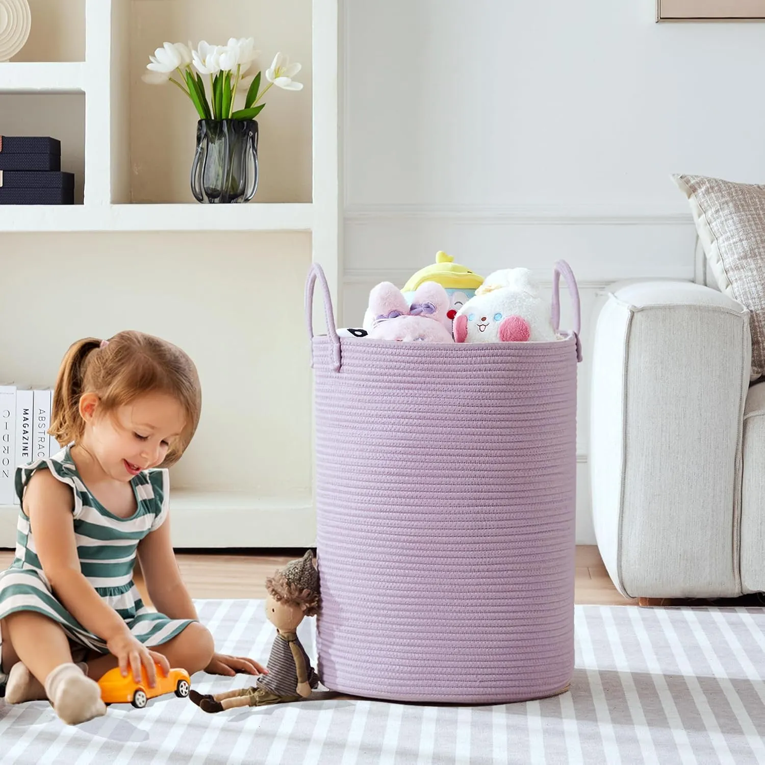 15Dx20H inches Large Purple Hamper Laundry Basket for Nursery Kids Tall Lavender Blanket Basket for Girls Cotton Rope Lilac Clothes Hamper in Bedroom 60L Capacity