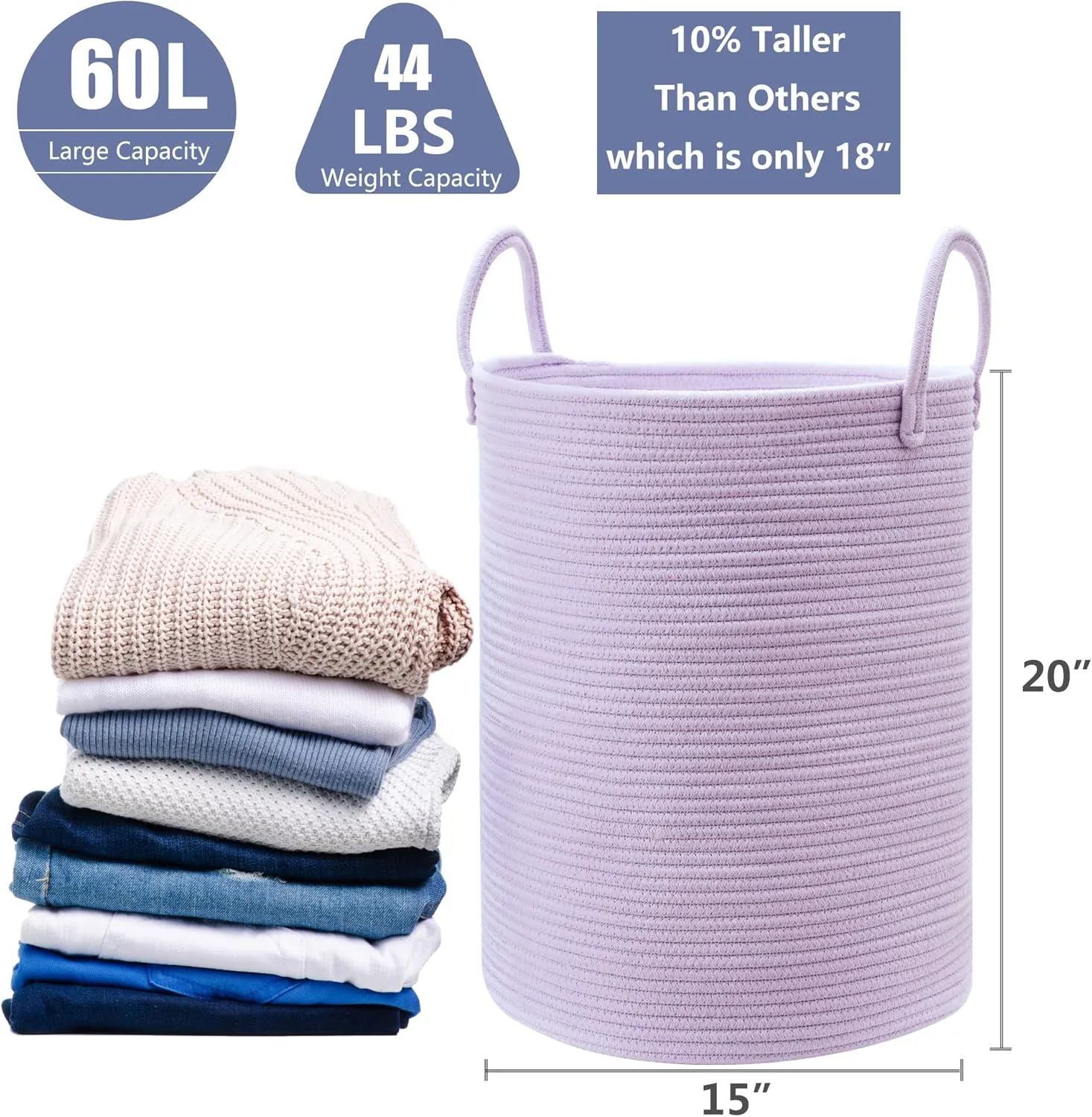 15Dx20H inches Large Purple Hamper Laundry Basket for Nursery Kids Tall Lavender Blanket Basket for Girls Cotton Rope Lilac Clothes Hamper in Bedroom 60L Capacity