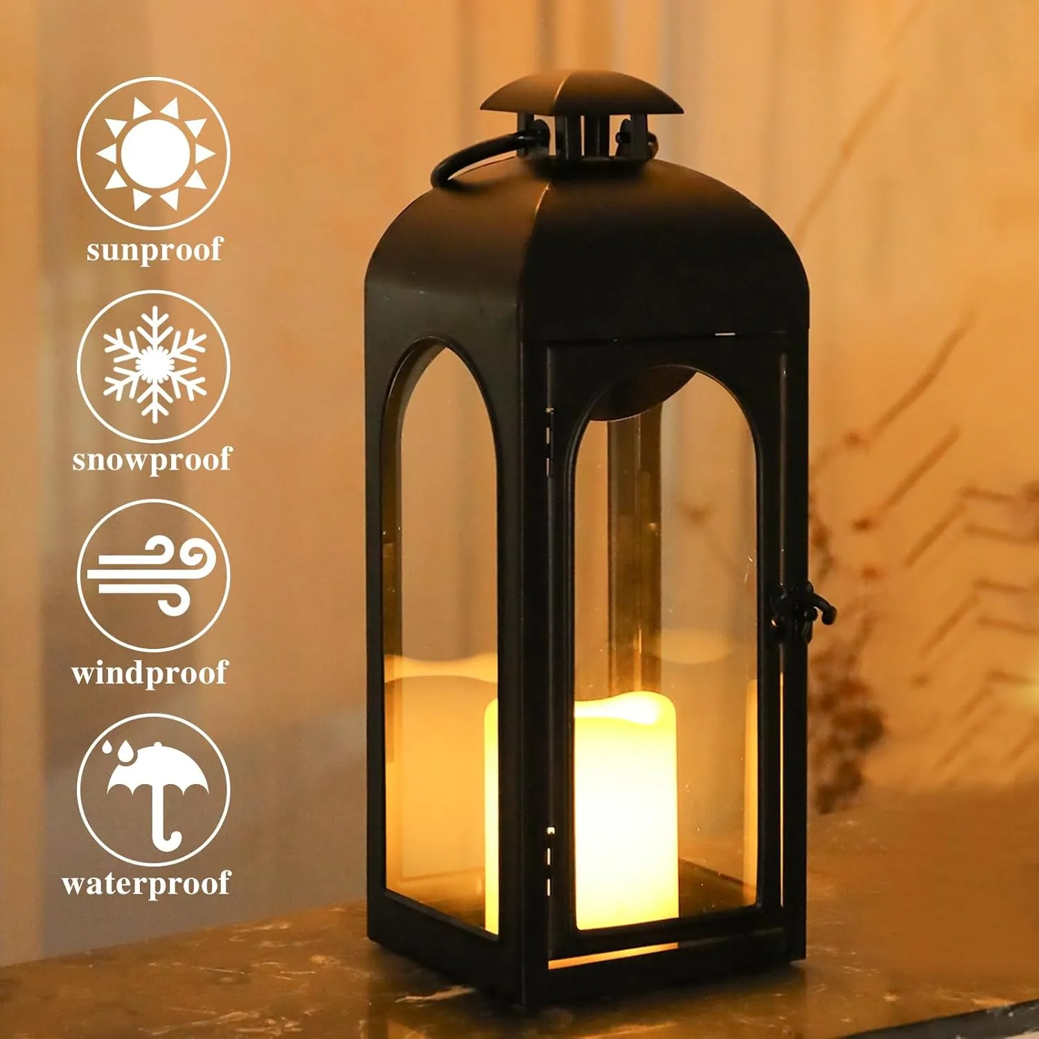 16 Inches Metal and Stainless Steel Glass Decorative Lantern with Electronic Wax Effect - Indoor/Outdoor Decorative Lighting, Handcrafted Aesthetic, Perfect for Home, Parties, and Holiday Decor