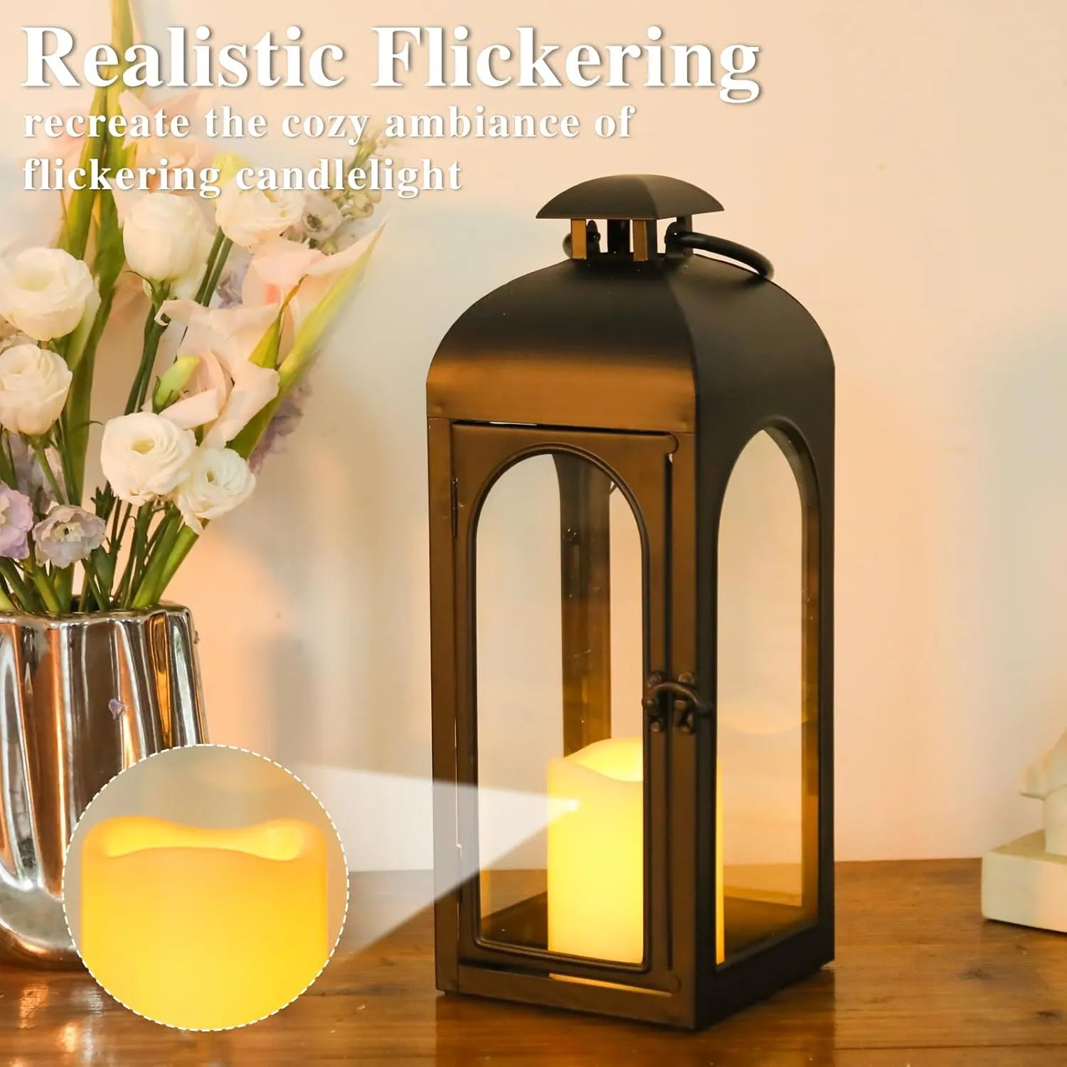 16 Inches Metal and Stainless Steel Glass Decorative Lantern with Electronic Wax Effect - Indoor/Outdoor Decorative Lighting, Handcrafted Aesthetic, Perfect for Home, Parties, and Holiday Decor