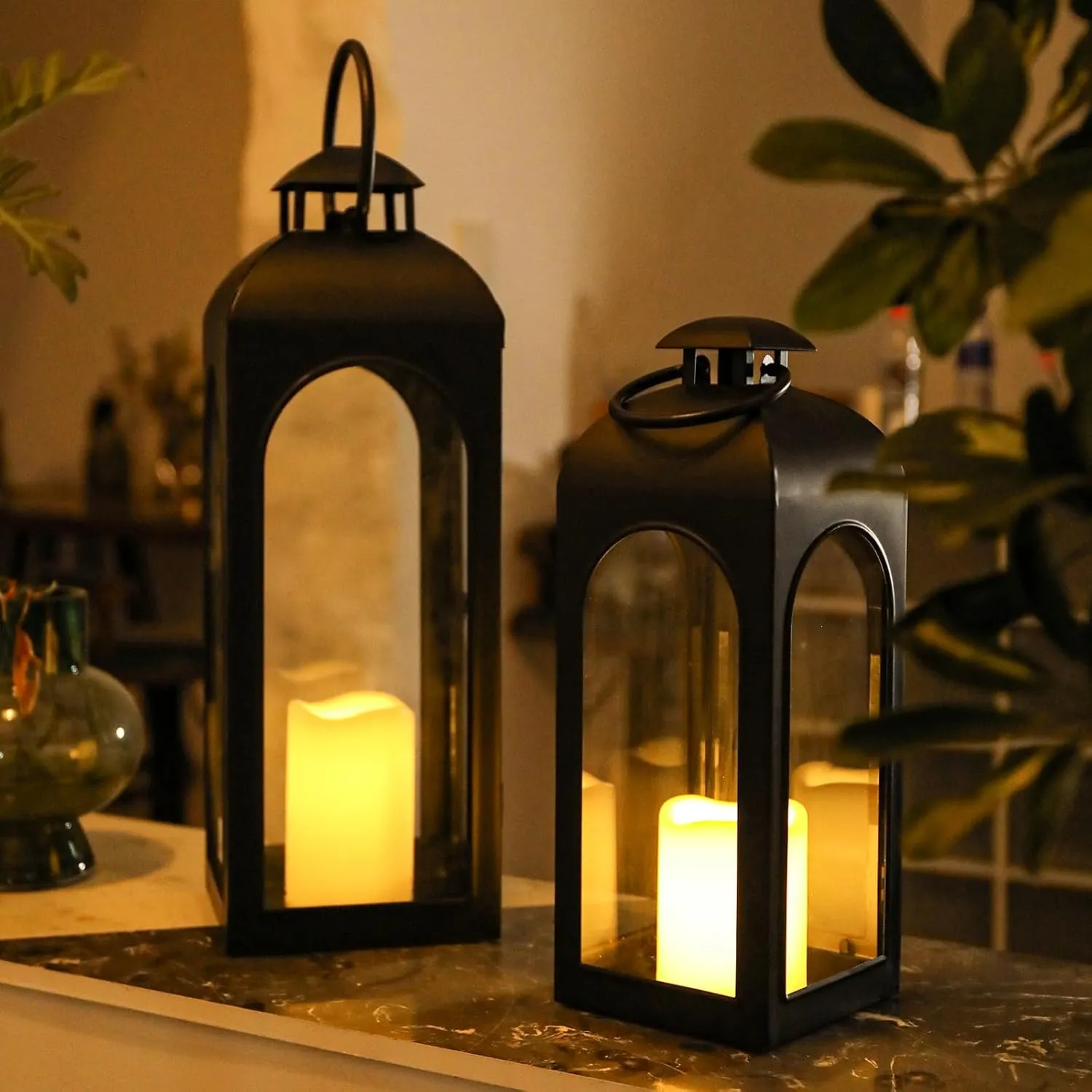 16 Inches Metal and Stainless Steel Glass Decorative Lantern with Electronic Wax Effect - Indoor/Outdoor Decorative Lighting, Handcrafted Aesthetic, Perfect for Home, Parties, and Holiday Decor