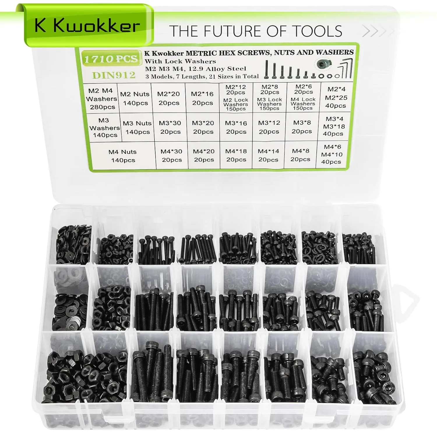 1710Pcs Metric Bolt Assortment M2 M3 M4, 21 Sizes 4MM to 30MM Upgraded Zinc Plated Hex Socket Head Cap Machine Screws, 12.9 Alloy Steel Bolts and Nuts Kit Screws Nuts and Washers