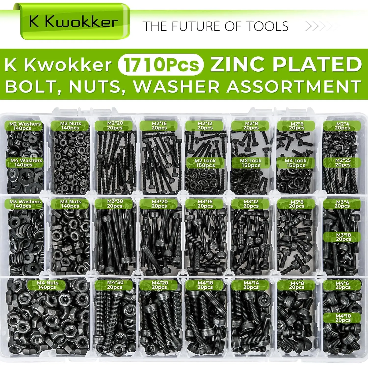 1710Pcs Metric Bolt Assortment M2 M3 M4, 21 Sizes 4MM to 30MM Upgraded Zinc Plated Hex Socket Head Cap Machine Screws, 12.9 Alloy Steel Bolts and Nuts Kit Screws Nuts and Washers