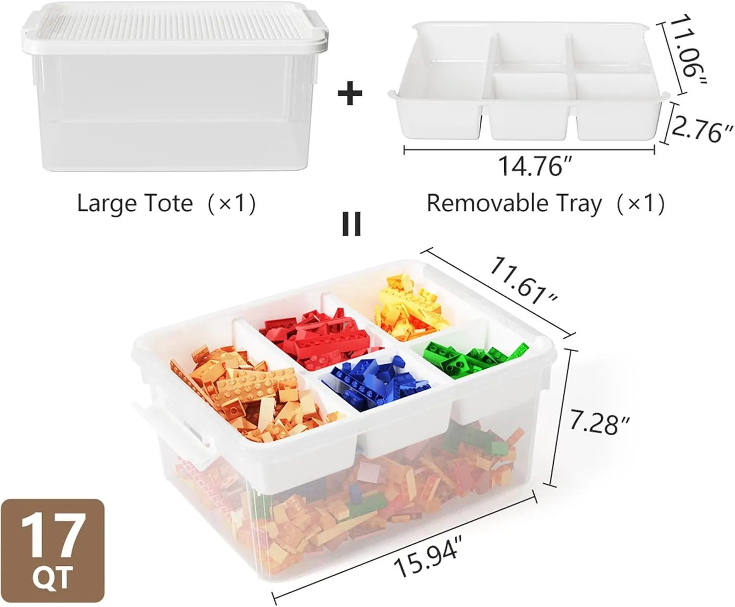 17QT Plastic Storage Box with Baseplate Lid, 4PCS Stackable Craft Organizer and Storage Bin with Removable Tray, Clear Bricks Storage Container for Building Blocks, Beads, Toys
