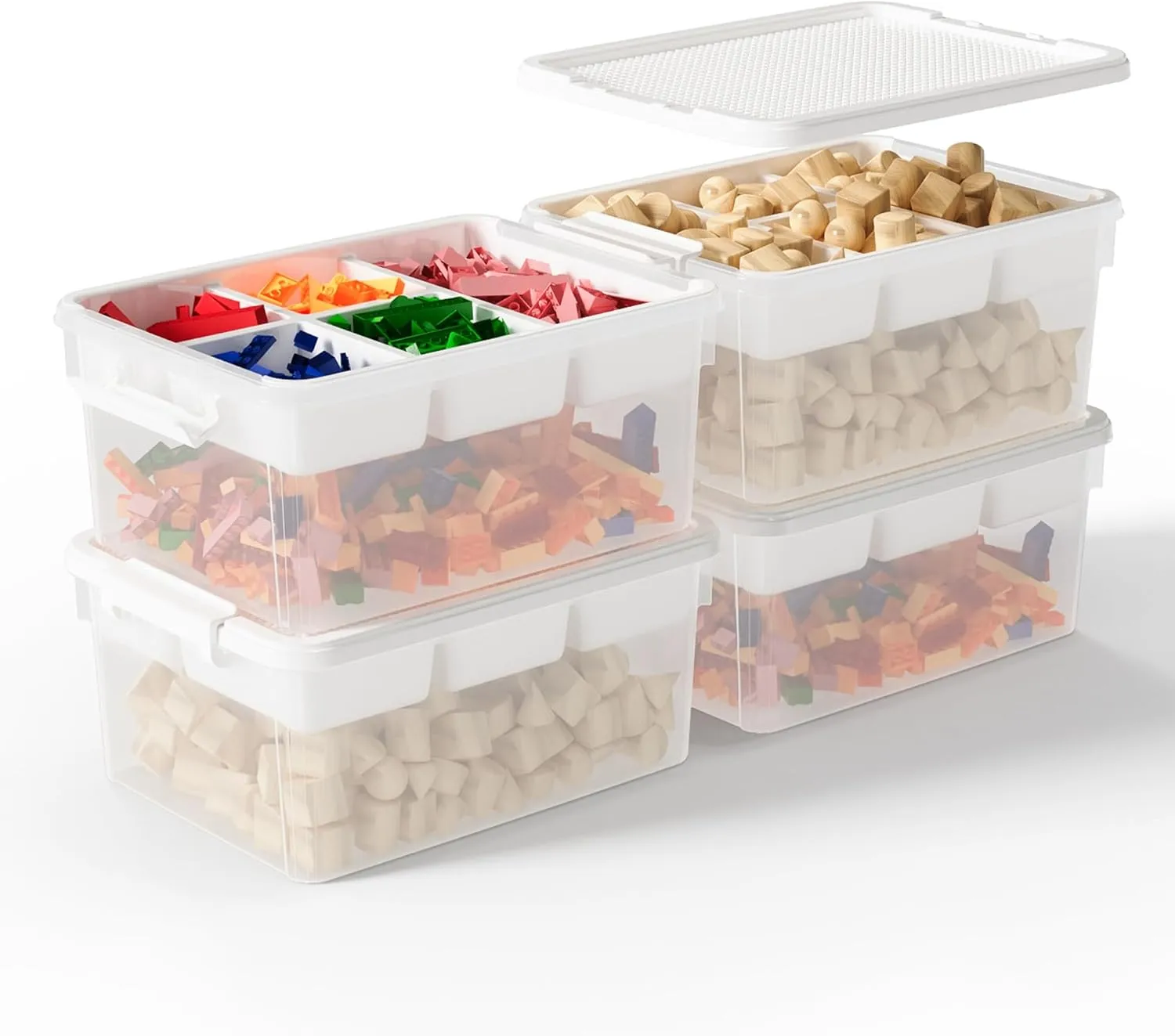 17QT Plastic Storage Box with Baseplate Lid, 4PCS Stackable Craft Organizer and Storage Bin with Removable Tray, Clear Bricks Storage Container for Building Blocks, Beads, Toys