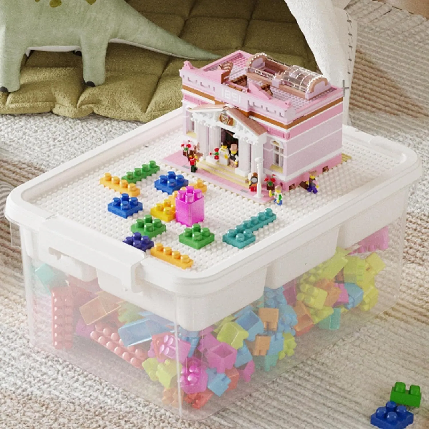 17QT Plastic Storage Box with Baseplate Lid, 4PCS Stackable Craft Organizer and Storage Bin with Removable Tray, Clear Bricks Storage Container for Building Blocks, Beads, Toys