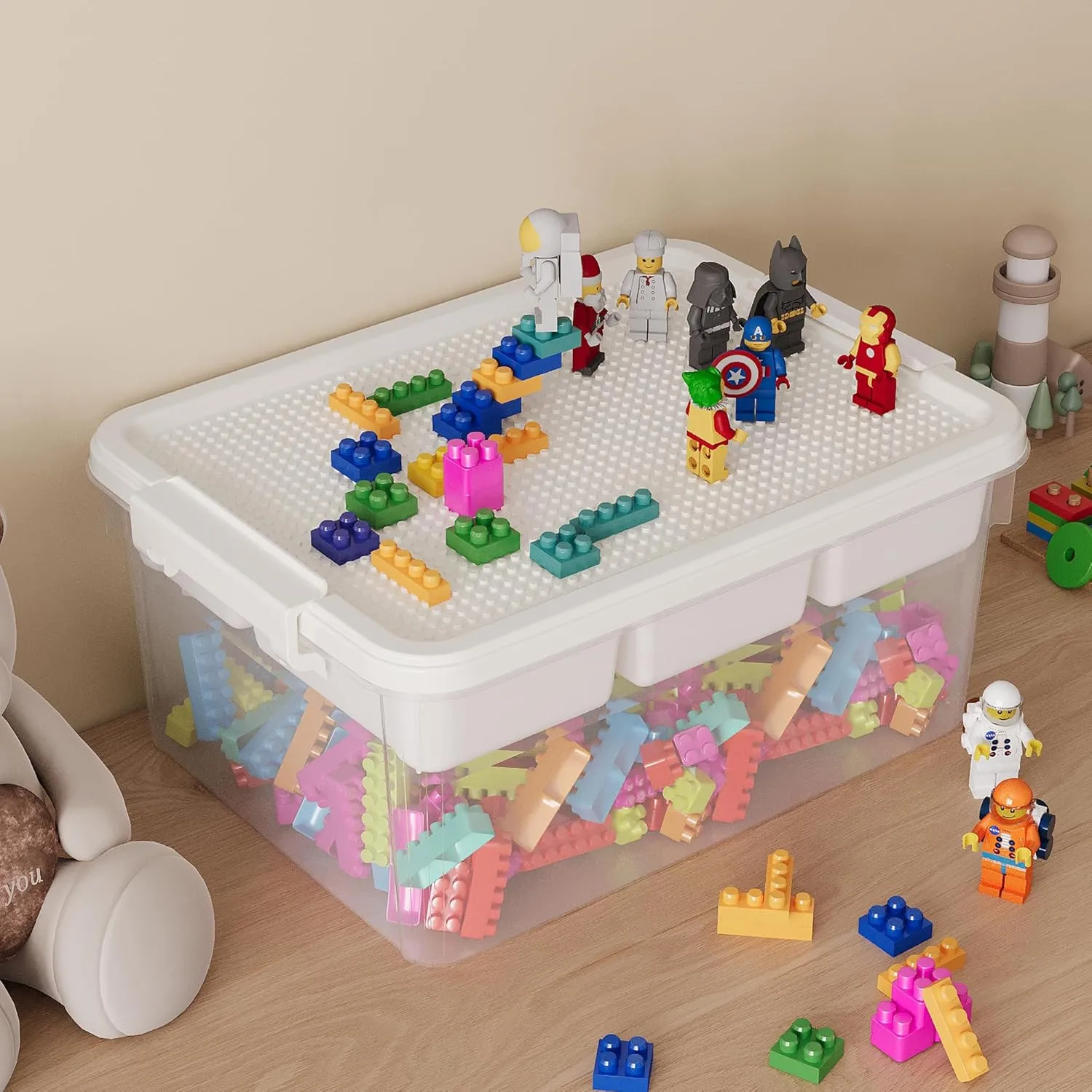 17QT Plastic Storage Box with Baseplate Lid, 4PCS Stackable Craft Organizer and Storage Bin with Removable Tray, Clear Bricks Storage Container for Building Blocks, Beads, Toys