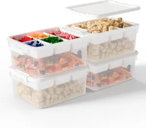 17QT Plastic Storage Box with Baseplate Lid, 4PCS Stackable Craft Organizer and Storage Bin with Removable Tray, Clear Bricks Storage Container for Building Blocks, Beads, Toys