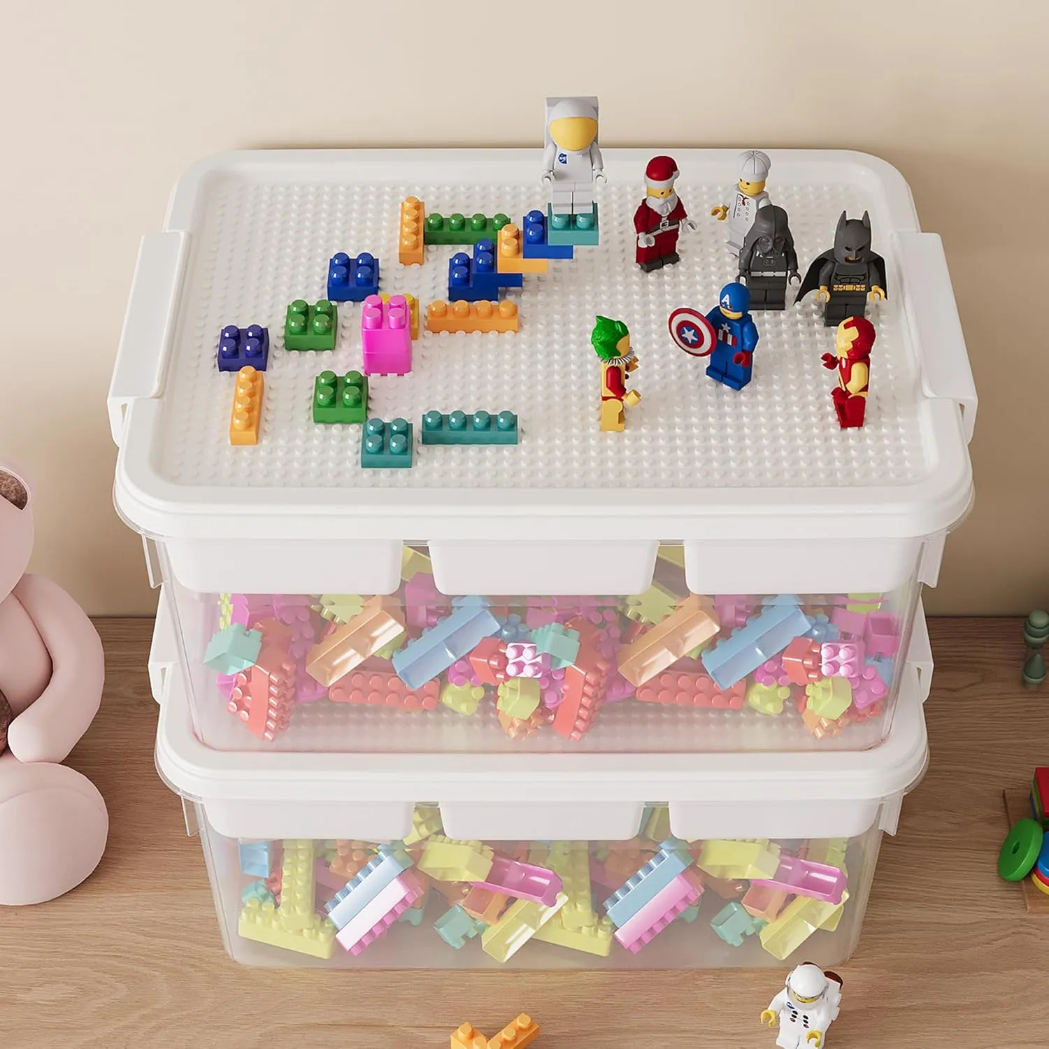 17QT Plastic Storage Box with Baseplate Lid, 4PCS Stackable Craft Organizer and Storage Bin with Removable Tray, Clear Bricks Storage Container for Building Blocks, Beads, Toys
