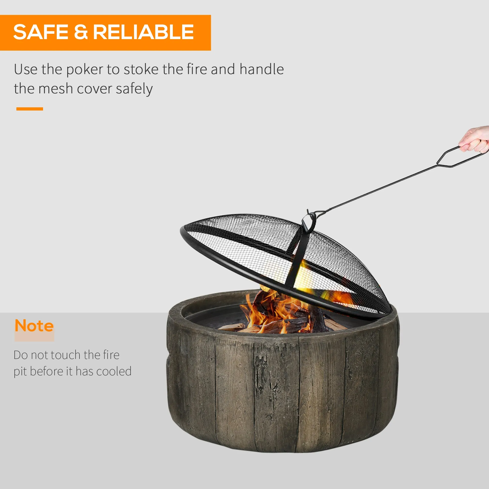 18 Inch Metal Wood Burning Fire Pit with Spark Cover, Poker & Woodgrain Design, Dark Brown