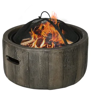 18 Inch Metal Wood Burning Fire Pit with Spark Cover, Poker & Woodgrain Design, Dark Brown