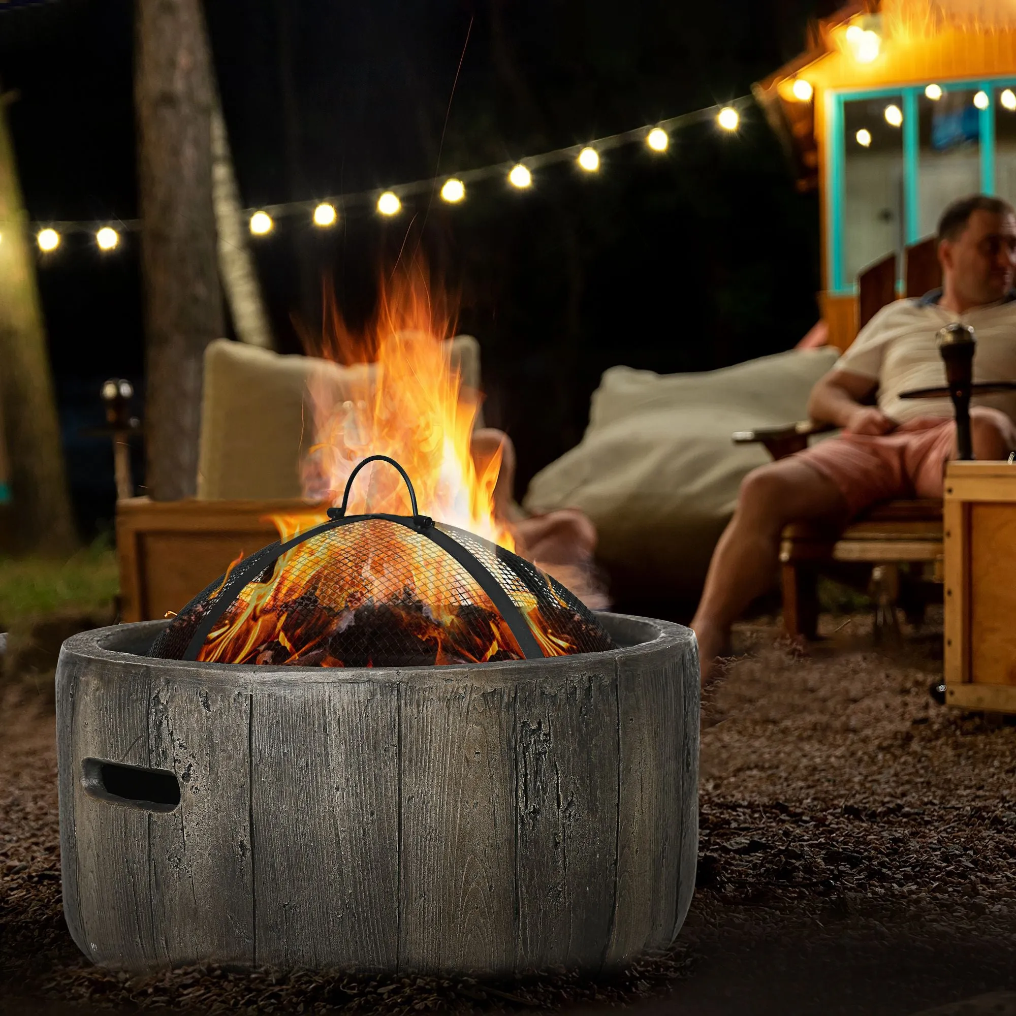 18 Inch Metal Wood Burning Fire Pit with Spark Cover, Poker & Woodgrain Design, Dark Brown