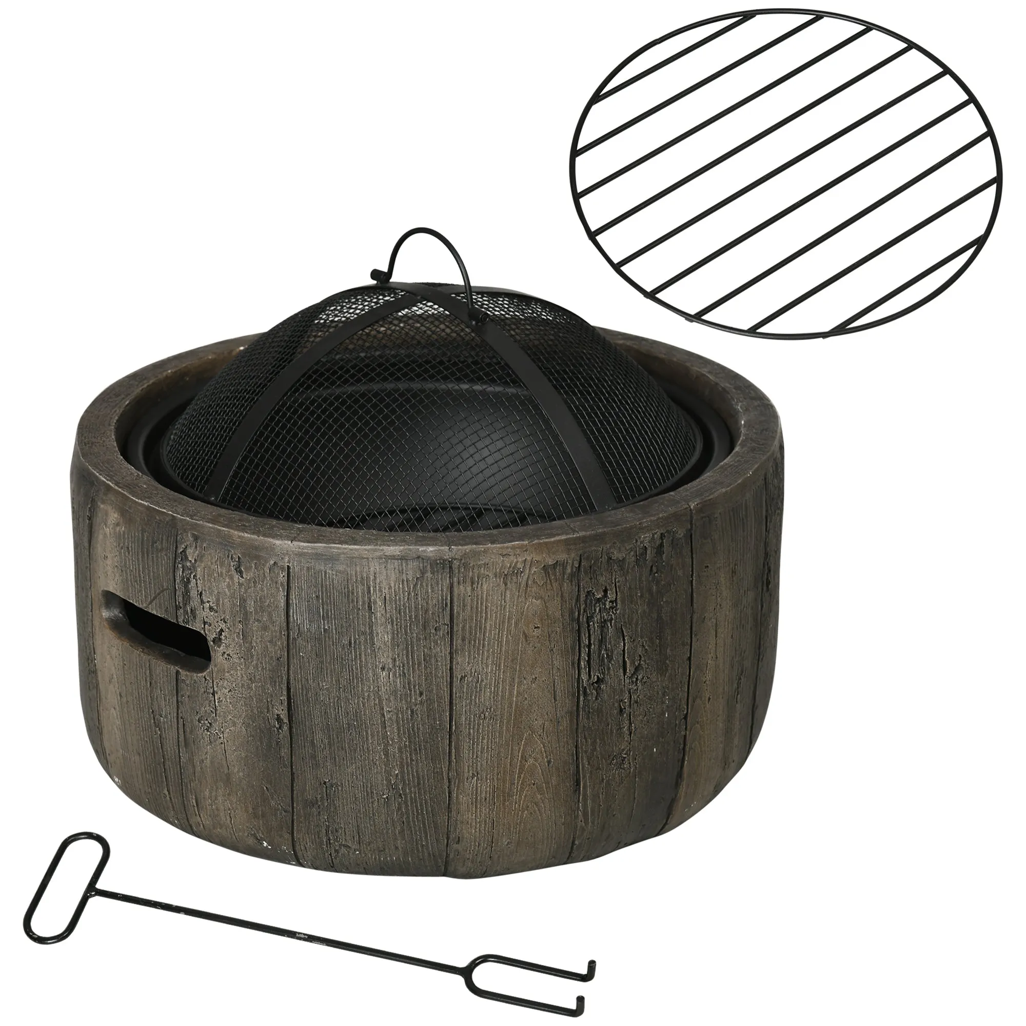 18 Inch Metal Wood Burning Fire Pit with Spark Cover, Poker & Woodgrain Design, Dark Brown