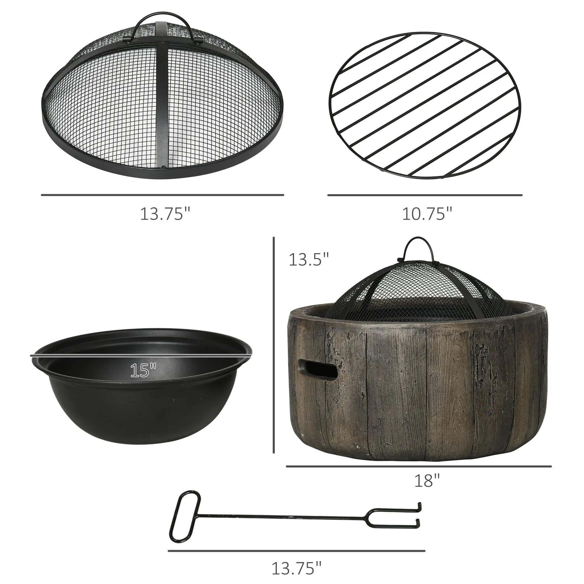18 Inch Metal Wood Burning Fire Pit with Spark Cover, Poker & Woodgrain Design, Dark Brown