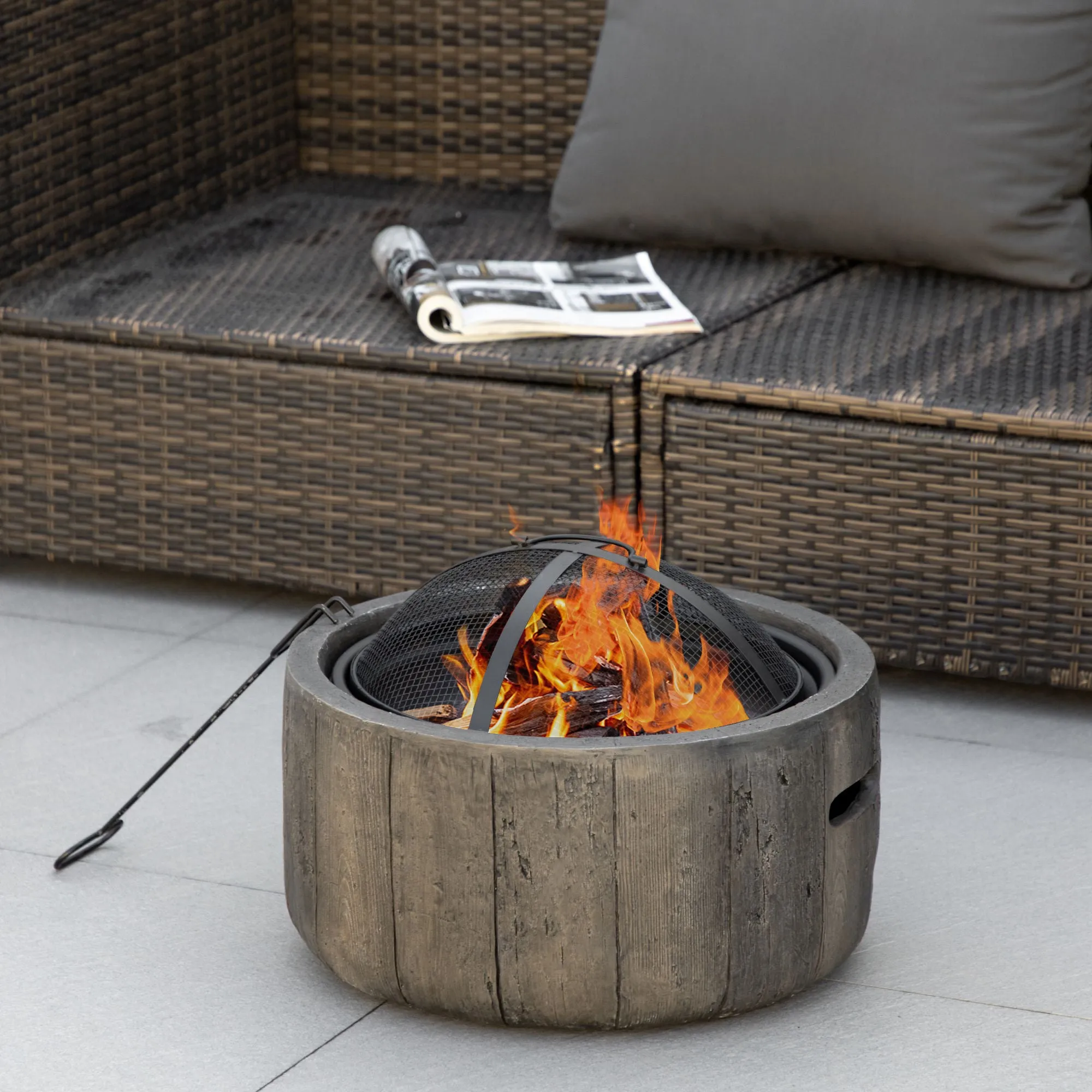 18 Inch Metal Wood Burning Fire Pit with Spark Cover, Poker & Woodgrain Design, Dark Brown