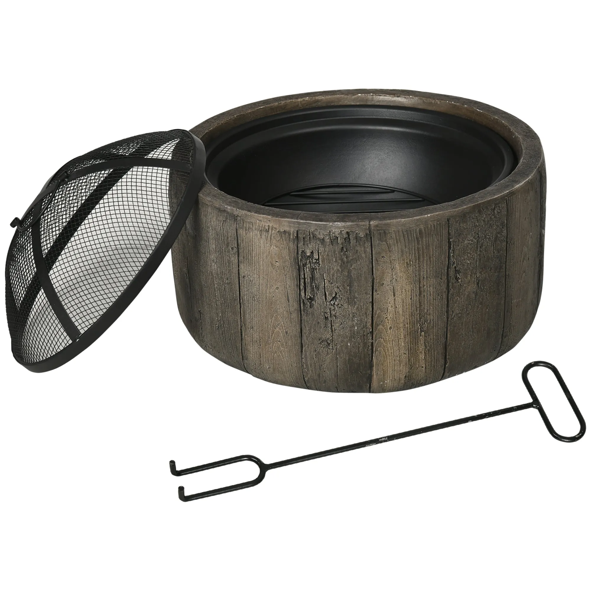 18 Inch Metal Wood Burning Fire Pit with Spark Cover, Poker & Woodgrain Design, Dark Brown