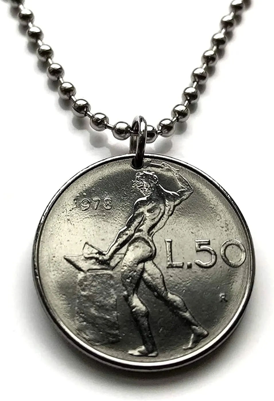 1979 Italy 50 Lire coin pendant Italian jewelry Vulcan blacksmith god of fire Roma Milan Florence Venice Verona Genoa Palermo Bologna Torino Napoli Cagliari San Gimignano Siena Modena Parma n001009