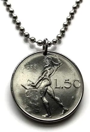 1979 Italy 50 Lire coin pendant Italian jewelry Vulcan blacksmith god of fire Roma Milan Florence Venice Verona Genoa Palermo Bologna Torino Napoli Cagliari San Gimignano Siena Modena Parma n001009