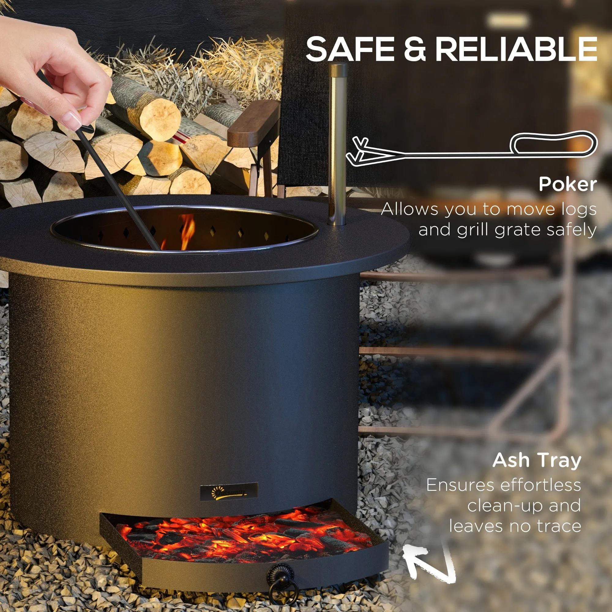 2-in-1 Smokeless Firepit, Stainless Steel Bonfire Stove, Poker, Ash Tray, Black
