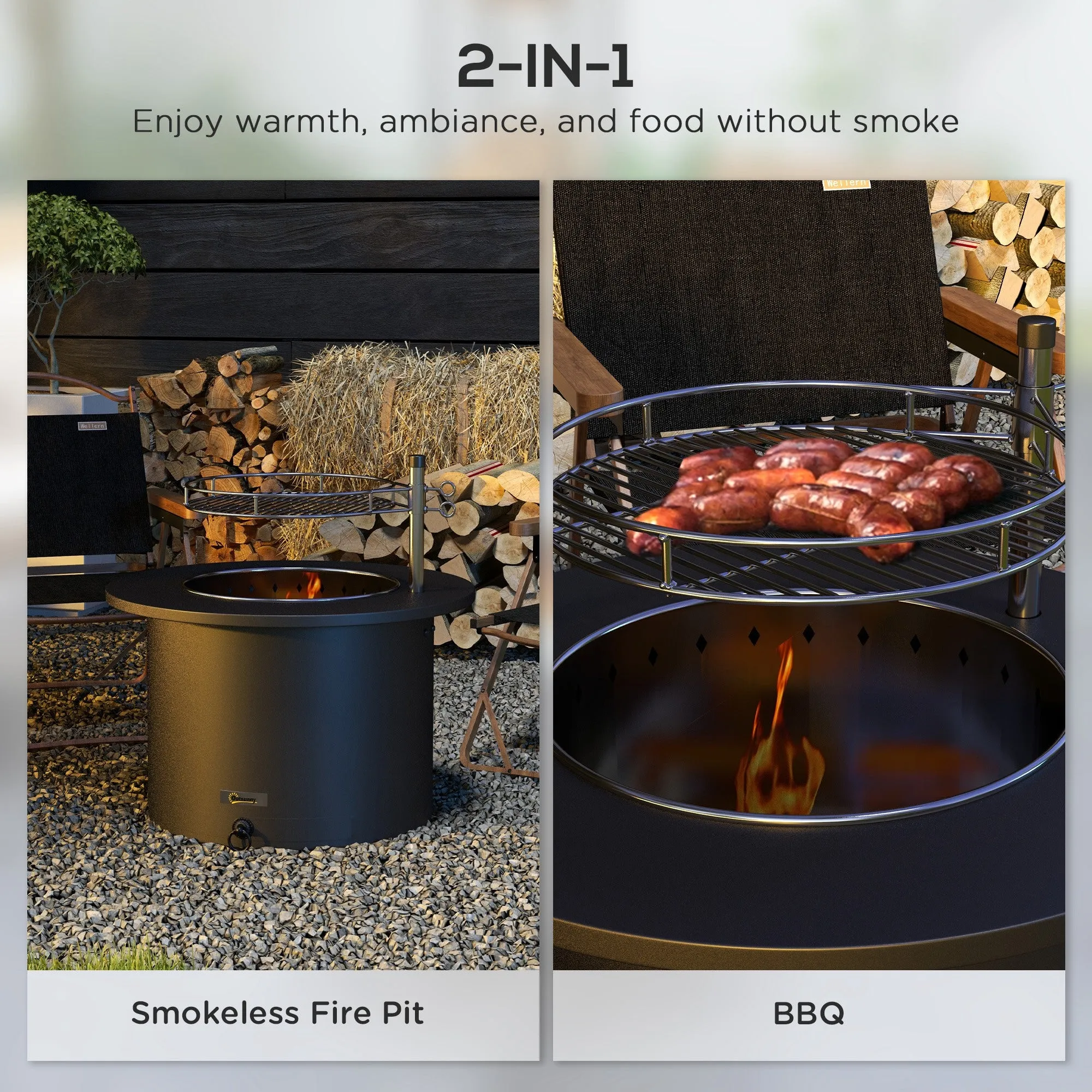 2-in-1 Smokeless Firepit, Stainless Steel Bonfire Stove, Poker, Ash Tray, Black